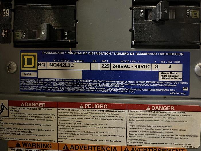 Used NQ442L2C Sqaure D 225 Amp 240V MLO Panelboard with Circuit Breakers Main Lug