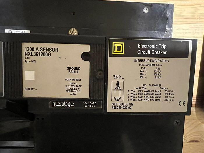 Used NXL361200G Square D 1200 Amp 600V 3 Pole Ground Fault Circuit Breaker