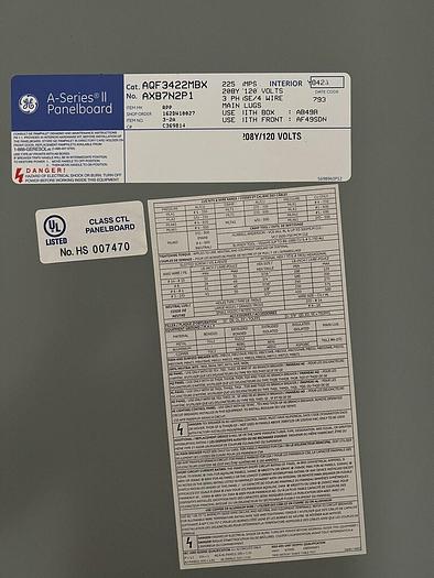 GE AQF3422MBX 225 Amp Main Lug Only 208/120V 3 Phase 4 Wire Nema1 Panelboard MLO