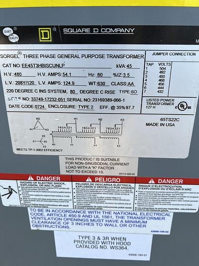 Used EE45T3HBISCULP Square D 45 KVA 480X208/120V Dry Type Transformer