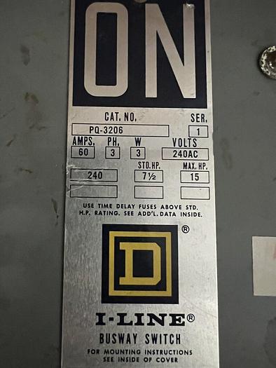 Used PQ3206 Square D 60 Amp 3 Pole 3W 240V Bus Plug Switch