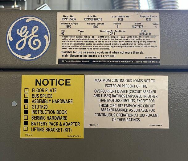 Used GE ABB 1200 Amp Main Breaker Panelboard 480/277V SKLC3612L4RX LSIG RELT