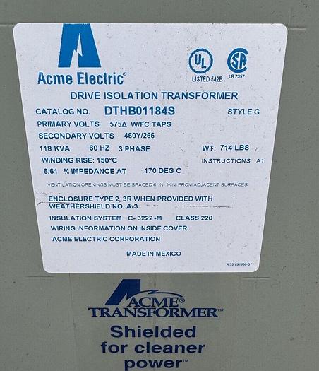 Used 118 KVA Acme 575 X 460/266 DTHB01184S  Dry Type Transformer