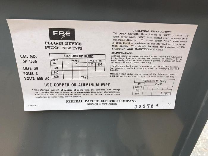 SP1336 FPE 30 Amp 600V 3 Phase 3 Wire Bus Plug SP Style New