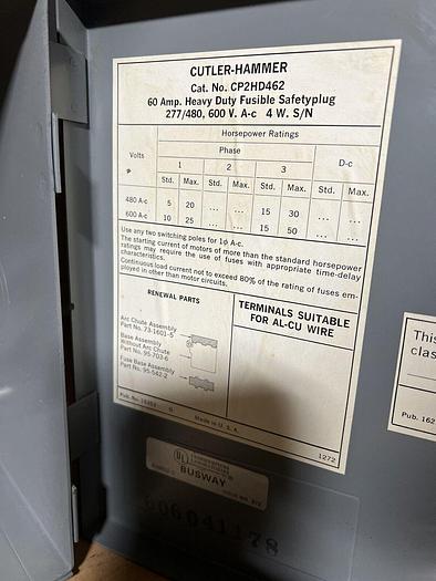 CP2HD462 Cutler Hammer 60 Amp 600V 3 Pole 4 Wire Bus Plug Switch New