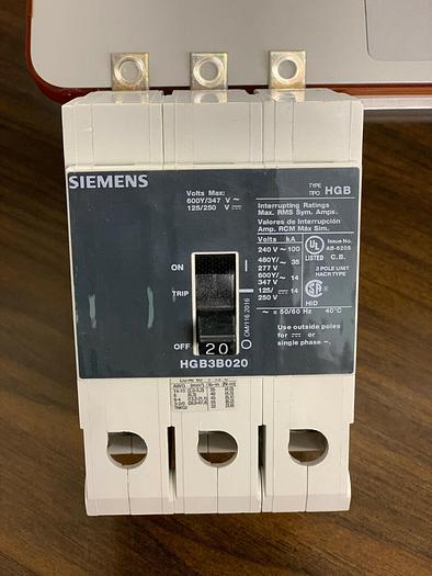 Used HGB3B020 Siemens 20 Amp 600V 3 Pole Bolt On Circuit Breaker 35K Rated 887621219772
