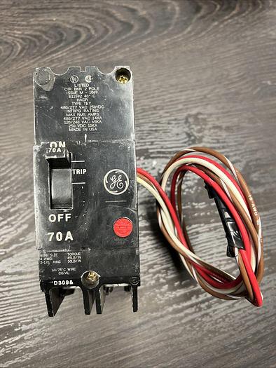 Used TEY270 GE 70 Amp 480V 2 Pole Bolt On Circuit Breaker TEYASAB Aux Switch