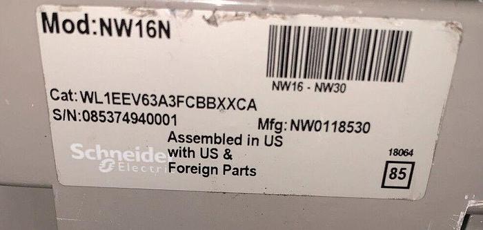 NW16N Square D 1600 Amp 600V EO/DO Circuit Breaker WL1EEV63A3FCBBXXCA
