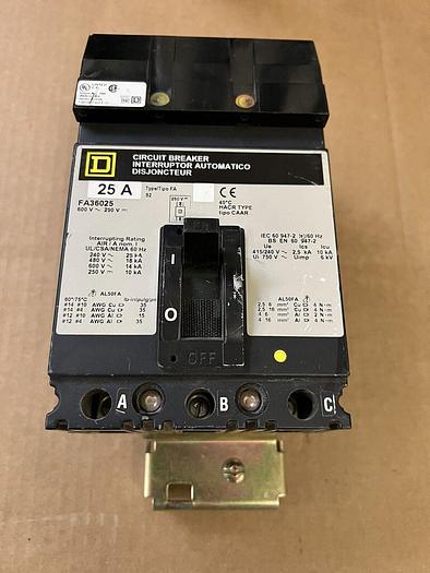 FA36025 Square D 25 Amp 600V 3 Pole 18kA@480V I-Line Circuit Breaker New