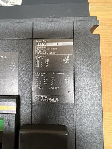 PJA36080CU43A Square D 800 Amp 600V 3 Pole 65K 100% Rated I-Line Circuit Breaker