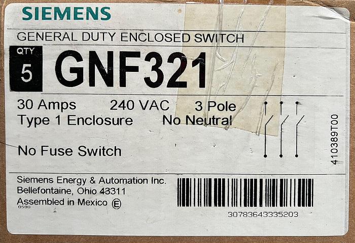 GNF321 Siemens 30 Amp 240V 3P Non Fusible Nema 1 Indoor Disconnect Switch New