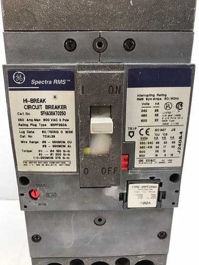 Used SFHA36AT0250 GE 250 Amp 600V 3 Pole Bolt On Circuit Breaker 35kA@480V 250A Frame 794518212498