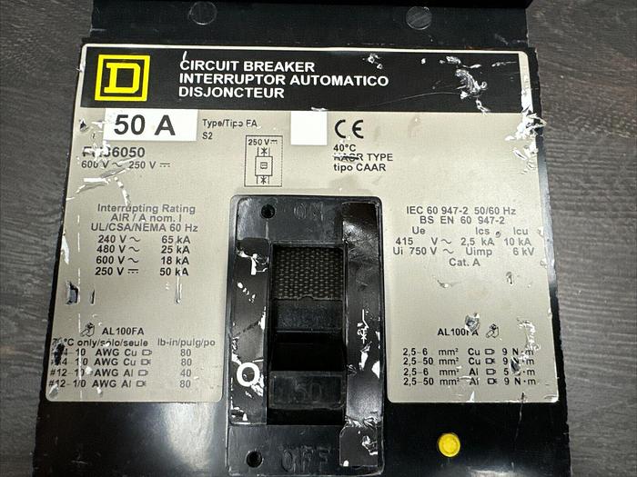 Used FH36050 Square D 50 Amp 600V 3 Pole 25kA@480V I-Line Circuit Breaker 785901241362