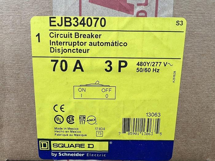 EJB34070 Square D 70 Amp 480V 3 Pole 65K Rated Bolt On Circuit Breaker New 785901130635