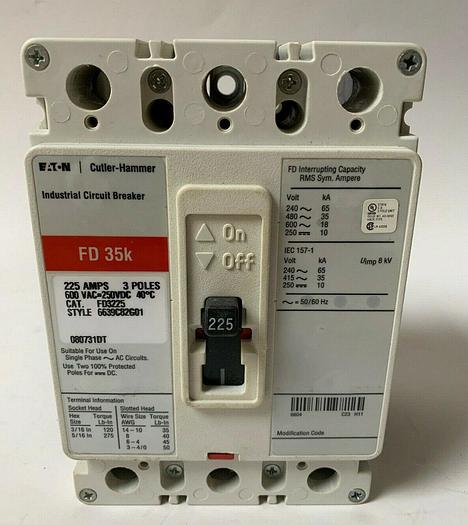 FD3225 Cutler Hammer 225 Amp 600V 3 Pole Bolt On Circuit Breaker 35Ka@480V New 786679015360