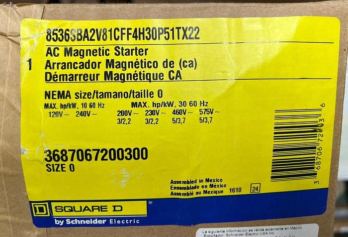 8536SBA2V81CFF4H30P51TX2 Square D Size 0 Starter 8536SBO2H30S N3R Outdoor Rated
