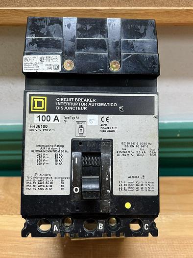 Used FH36100 Square D 100 Amp 600V 3 Pole I-Line Plug in Circuit Breaker