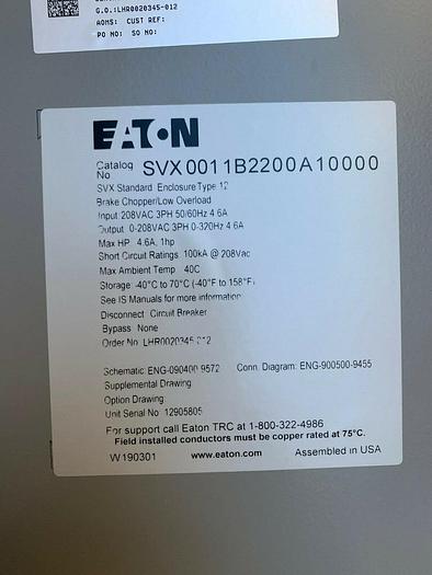 Eaton Enclosed SVX Drive SVX9000 VFD Nema 12 Catalog Number SVX0011B2200A10000
