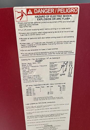 Used HU267 Square D 800 Amp 600V 2 Pole Non Fusible Nema 1 Indoor Disconnect