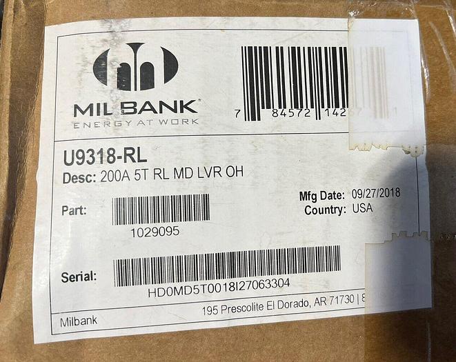 U9318RL Milbank 9500L 200 Amp 600V 5 Jaw Manual Bypass Meter Socket New
