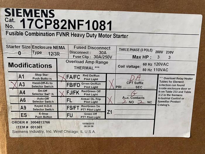 17CP82NF1081 Siemens 30 Amp Fusible Size 0 Nema 3R Combo Motor Starter Type 12/4