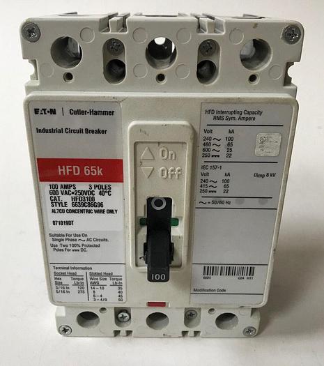 Used HFD3100 Cutler Hammer 100 Amp 600V 3 Pole 65KA@480V Bolt On Circuit Breaker 786679175897