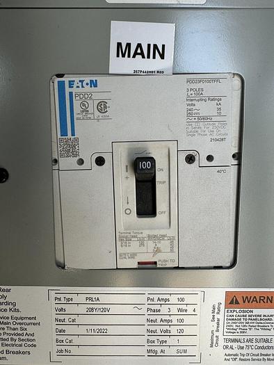 Cutler Hammer PRL1A 100 Amp Main Breaker Panel 208/120V 3P4W Nema 1 Panelboard