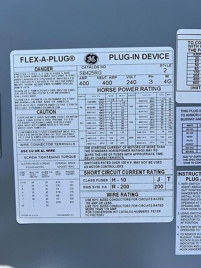 SB425RG GE 400 Amp 240V 3P 4W FUSIBLE BUS PLUG New Surplus