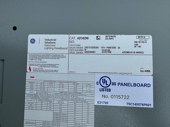 AQF3482MB GE 225 Amp 208/120V 3P 4W 48 Circuit MLO Panel Main Lug Only New