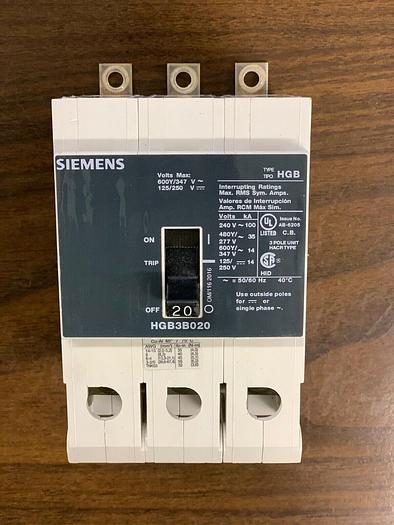 Used HGB3B020 Siemens 20 Amp 600V 3 Pole Bolt On Circuit Breaker 35K Rated 887621219772