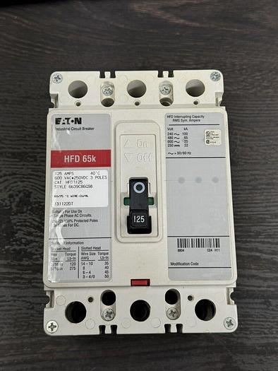 HFD3125 EATON 125 Amp 600V 65kA@480V 3 Pole Bolt On Circuit Breaker 786679175903