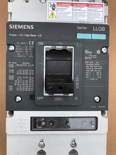 Used LLK3U600 Siemens Type LLGB 600 Amp 600V 3 Pole Bolt On LG Frame Circuit Breaker