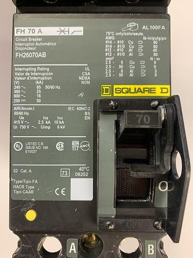 FH26070AB Square D 70 Amp 600V 2 Pole 25kA@480V I-Line Circuit Breaker New