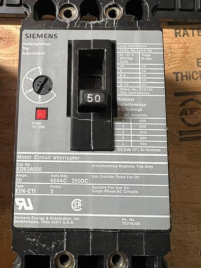 Used ED63A050 Siemens 50 Amp 600V 3 Pole Motor Circuit Interrupter Circuit Breaker