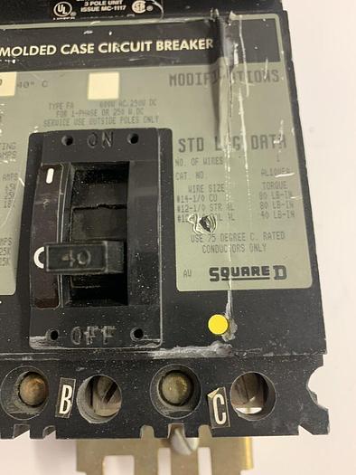 Used FH36040 Square D 40 Amp 600V 3 Pole I-Line Plug In Circuit Breaker 785901241355