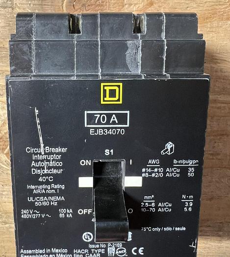 Used EJB34070 Square D 70 Amp 480V 3 Pole 65kA@480V Bolt On Circuit Breaker 785901130635