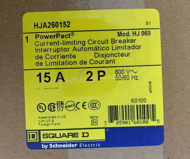 HJA260152 Square D 15 Amp 600V 2 Pole A&C Phase I-Line Circuit Breaker HJA