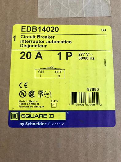 EDB14020 Square D 20 Amp 277V Single Pole Bolt On Circuit Breaker New