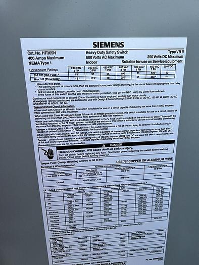 Used HF365N Siemens 400 Amp 600V 3 Pole 4 Wire Fusible Indoor Rated Disconnect Switch