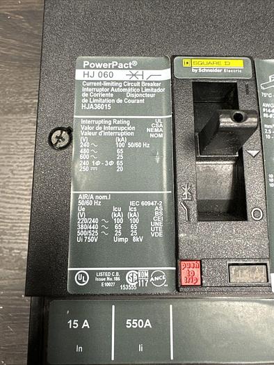 HJA36015 Square D 15 Amp 600V 3 Pole I-Line Plug In Circuit Breaker HJA New 785901419044
