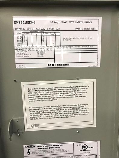 DH361UGKNG Cutler Hammer 30 Amp 600V 3 Pole 4 Wire Non Fusible Disconnect Switch