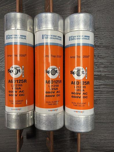 Used A6D125R Mersen 125 Amp 600V Duel Element Time Delay Fuse Amp-Trap 2000 Class RK1