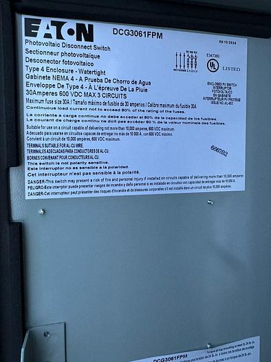 DCG3061FPM Eaton 30 Amp 600V Photovoltaic Disconnect Switch Fusible Nema 4 New