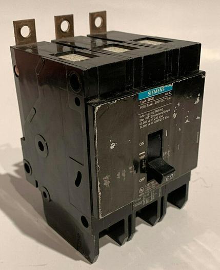 Used BQD360 Siemens 60 Amp 480V 3 Pole Bolt On Circuit Breaker Type BQD
