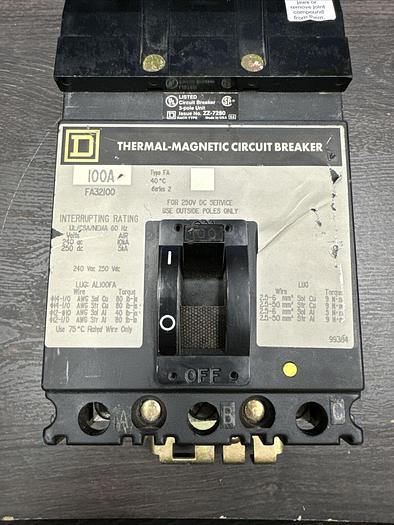 Used FA32100 Square D 100 Amp 240V 3 Pole 10kA@240V ILine Circuit Breaker