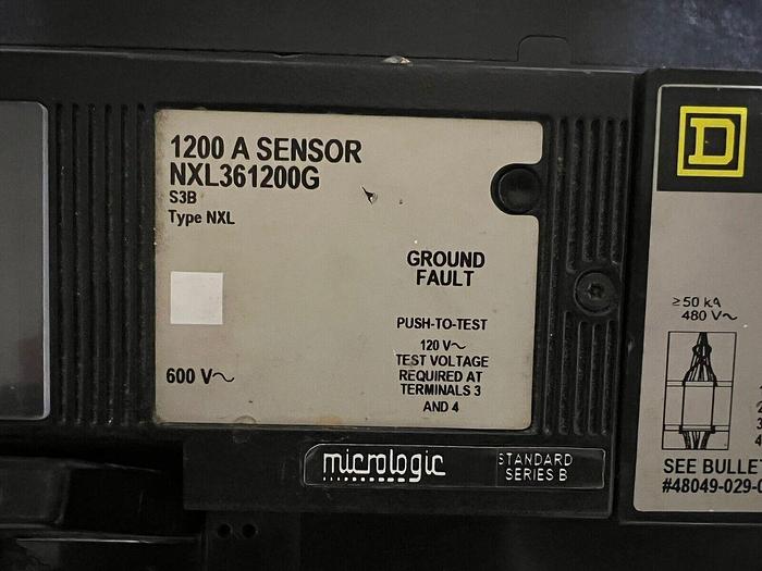 Used NXL361200G Square D 1200 Amp 600V 3 Pole Ground Fault Circuit Breaker