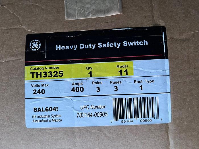 TH3325 GE 400 Amp 240V 3 Pole Fusible Indoor Rated Disconnect Switch New