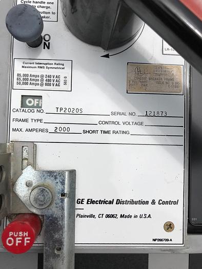 Used TP2020S GE 2000 Amp 600V 3 Pole Power Break One Bolt On TS20LI Trip Unit