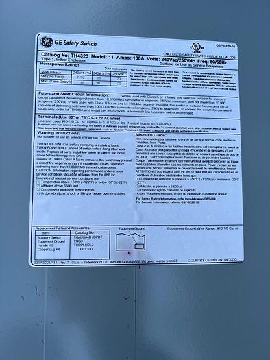 TH4323 GE 100 Amp 240V 3P 4W Fusible Nema 1 Indoor Rated Disconnect Switch 783164009255