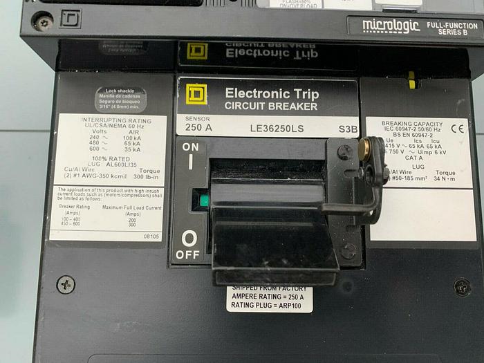 Used LE36250LS Square D 250 Amp 600V 3 Pole 65kA@480V ARP100 ILine Circuit Breaker